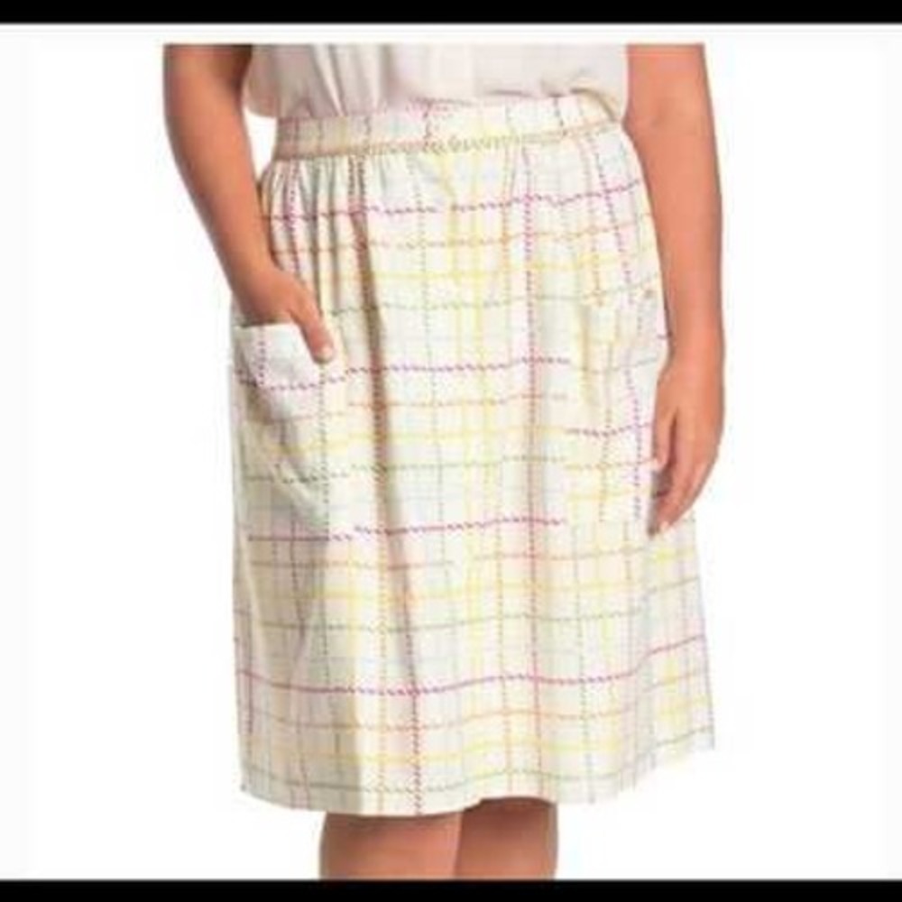 Modcloth White Rainbow Plaid Linen Blend Artsy Button‎ Skirt 16 Classic Casual